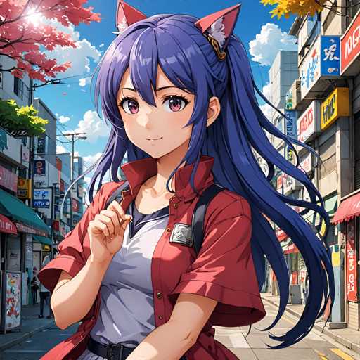 A vibrant anime girl with long blue hair and cat ears stands confidently on a bustling city street. She wears a red jacket over a white shirt, holding a small bag. The background features colorful buildings and cherry blossom trees under a bright sky, showcasing a detailed, illustrative art style.