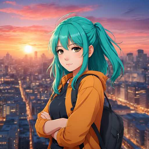 A vibrant anime-style illustration features a young woman with bright teal hair and crossed arms, looking confidently at the viewer. She's wearing an orange jacket over a dark shirt and has a black backpack, set against a blurred cityscape bathed in a warm sunset. The focus is on the character's expressive face, with a soft, digital painting style emphasizing detail and lighting.