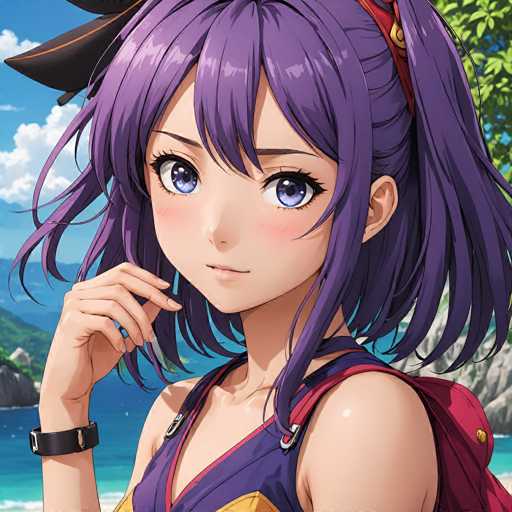 A vibrant anime-style portrait features a young woman with bright purple hair, large blue eyes, and a gentle smile. She's wearing a purple top with yellow accents and a red backpack, styled with a black headband. The background shows a sunny beach scene with blue water and green foliage, creating a cheerful, summery atmosphere.