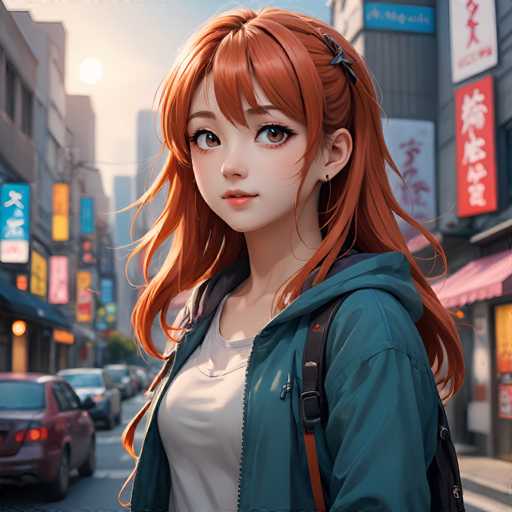 A young anime girl with vibrant orange hair and large eyes stands confidently on a bustling city street. She wears a teal jacket over a white shirt, with a backpack slung over her shoulder. The background features blurred storefronts and cars, bathed in warm sunlight, rendered in a detailed, anime-inspired digital art style.