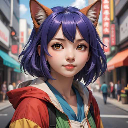 A young anime girl with vibrant purple hair and fox ears stands in a bustling city street. She's wearing a colorful hooded jacket, looking directly at the viewer with large, expressive eyes. The background features blurred shops and people, creating a sense of depth and urban energy. The art style is detailed and anime-inspired, emphasizing soft lighting and a focus on the character's face.