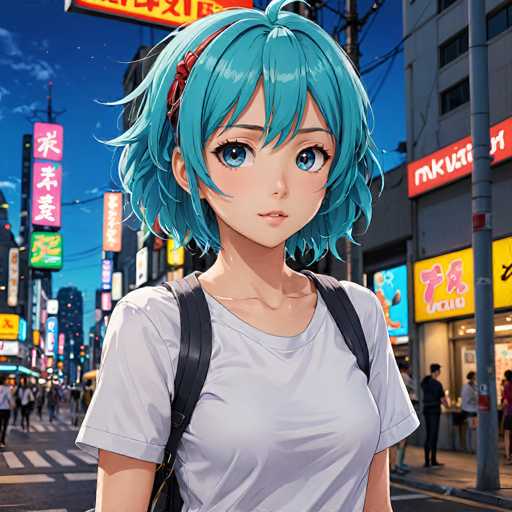 A vibrant anime-style illustration depicts a young woman with bright blue, curly hair and large blue eyes standing on a bustling city street at night. She wears a white t-shirt and backpack, looking directly at the viewer with a gentle expression. Neon signs illuminate the background, creating a lively urban atmosphere.