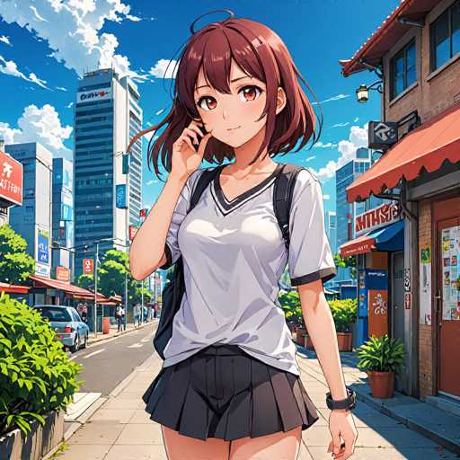 A young anime girl with brown hair and a cheerful expression stands on a vibrant city street, wearing a school uniform. She's positioned in the foreground, looking towards the viewer with one hand touching her chin. The background features colorful buildings and a bright blue sky, rendered in a detailed, anime-inspired digital art style.