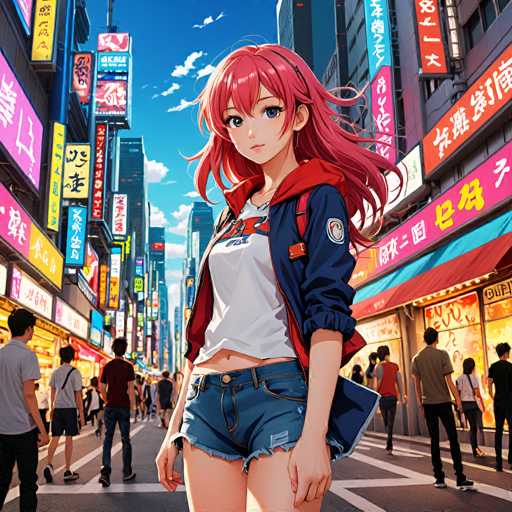 A vibrant, anime-style illustration depicts a young woman with bright pink hair standing confidently in the middle of a bustling, neon-lit street. The scene is filled with colorful signs and people, creating a lively urban atmosphere. The focus is on the woman's expressive face and dynamic pose, showcasing a detailed and energetic digital art style.