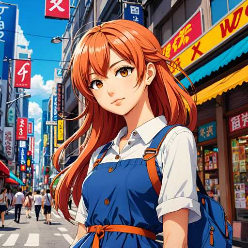 A vibrant anime-style illustration depicts a young woman with long, flowing orange hair and large brown eyes standing on a bustling city street. She wears a blue denim overall dress over a white collared shirt and carries a blue backpack, looking confidently towards the viewer. The background features colorful Japanese storefronts and people walking on a crosswalk under a bright blue sky, showcasing a lively urban scene.
