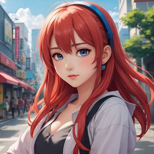 A young anime girl with vibrant red hair and blue eyes is the central focus, positioned in a street scene. She wears a white shirt over a black top and has a blue headband. The background features a bustling city street with shops and blurred pedestrians, rendered in a detailed, anime-style illustration.