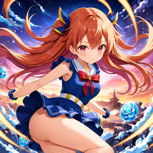 A vibrant anime girl with fiery orange hair and a blue sailor uniform is dynamically posed, surrounded by glowing blue orbs. She's positioned in the center of a swirling, fantastical landscape with a distant temple and a dramatic, colorful sky. The art style is characteristic of anime, emphasizing detailed hair, expressive eyes, and dynamic motion lines.