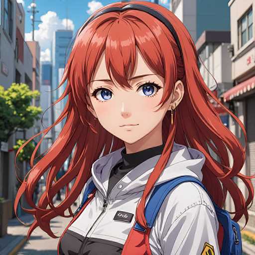 A young anime girl with vibrant red hair and blue eyes is the central focus, wearing a casual school uniform-inspired outfit. She's positioned in the foreground, looking directly at the viewer with a gentle smile. The background features a blurred city street scene, creating depth and drawing attention to the character. The art style is detailed and anime-inspired, with soft shading and expressive features.