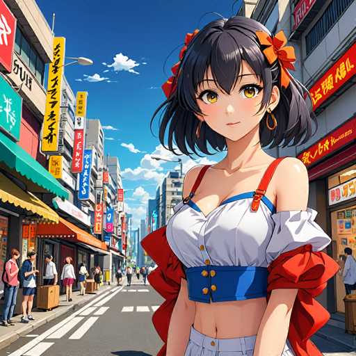 A vibrant, anime-style illustration depicts a young woman with dark hair and large eyes standing on a bustling city street in Japan. She's wearing a white top with red accents and is positioned in the foreground, looking towards the viewer. The background showcases colorful storefronts with bright signs and a lively street scene, creating a dynamic urban atmosphere.
