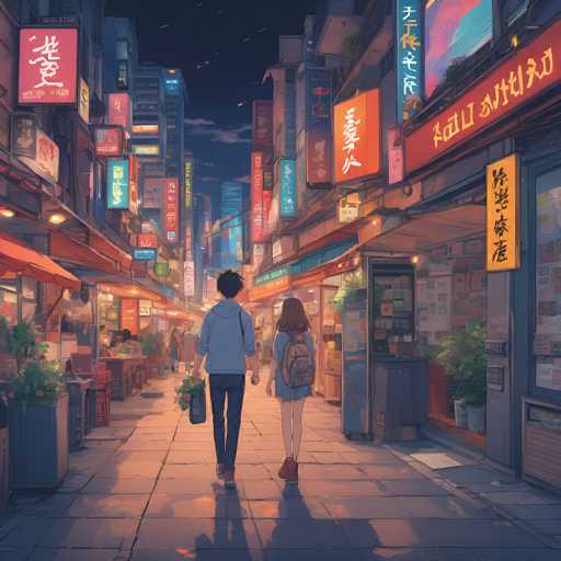A warmly lit, vibrant street in a bustling city at dusk is depicted with two young people walking hand-in-hand. Neon signs illuminate the narrow alleyway, creating a cozy and nostalgic atmosphere typical of anime art style. The focus is on the couple's journey, with a soft glow reflecting on the wet pavement.