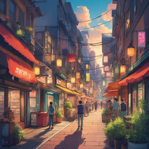 This vibrant, anime-inspired illustration depicts a bustling narrow street in a traditional Asian town. Colorful storefronts with red awnings line the cobblestone path, filled with people browsing and chatting. Lanterns hang overhead, casting warm light, while a bright sky suggests late afternoon. The scene is detailed and lively, showcasing a charming urban atmosphere.