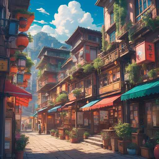 The image depicts a vibrant, bustling street scene in a traditional Asian town, likely Japan or China. Colorful, multi-story buildings line the narrow street, adorned with awnings and potted plants. People stroll along, adding to the lively atmosphere. The art style is detailed and painterly, emphasizing warm light and a sense of depth.