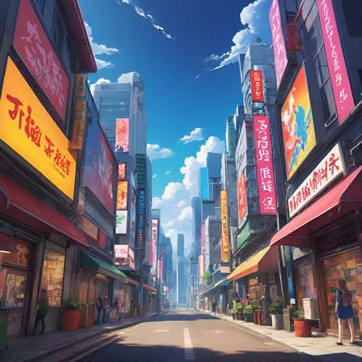 This vibrant, anime-inspired cityscape depicts a bustling street in Japan with brightly lit storefronts and towering neon signs. The perspective is a wide, upward-looking shot emphasizing the depth of the street lined with shops and pedestrians. The art style is detailed, colorful, and evokes a sense of lively urban energy.