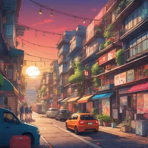 The image depicts a vibrant, bustling street scene in a densely packed urban area. Colorful buildings line the narrow street under a warm sunset, with cars parked along the sides and pedestrians strolling. The art style is reminiscent of a digital painting, emphasizing soft lighting and detailed textures to create a nostalgic, slightly retro atmosphere.
