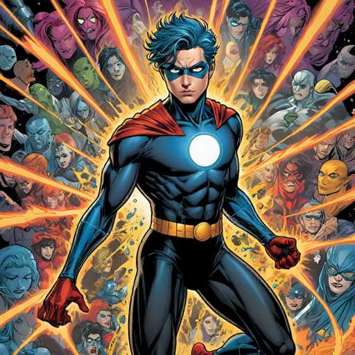 The image features a central, heroic young man in a blue and red suit radiating energy, surrounded by numerous smaller figures of diverse superheroes. The art style is dynamic and comic book-inspired, with a focus on action and a sense of power. The figures are densely packed, creating a visually intense and energetic composition.