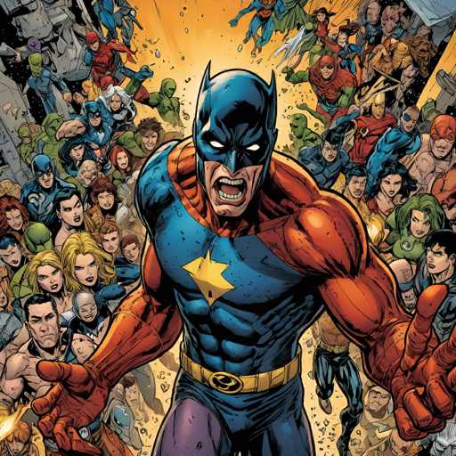 The image depicts a vibrant, dynamic superhero team, likely the Justice League, in a close-up, action-packed shot. The central figure is a muscular hero with a blue and red suit, facing forward with outstretched hands. A multitude of other heroes surround him in a chaotic yet unified composition, showcasing a powerful and intense moment. The art style is bold and comic book-inspired, emphasizing dynamic action with strong lines and vibrant colors.