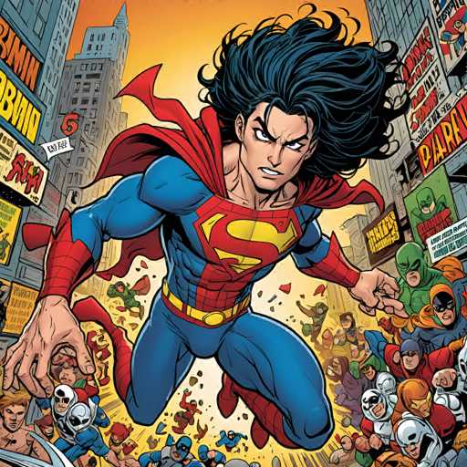 A dynamic, action-packed comic book panel depicts Superman in a powerful pose amidst a crowd of diverse heroes and civilians, all set against a bustling cityscape. The art style is vibrant and energetic, with dynamic motion lines emphasizing Superman's flight and the chaotic energy of the scene.