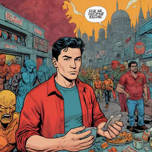 A man in a red shirt holds a phone, looking concerned amidst a crowded, alien marketplace. Other figures, including monstrous beings and humanoids in various costumes, fill the background. The art style is vibrant and comic book-inspired, with bold lines and a focus on dynamic action.