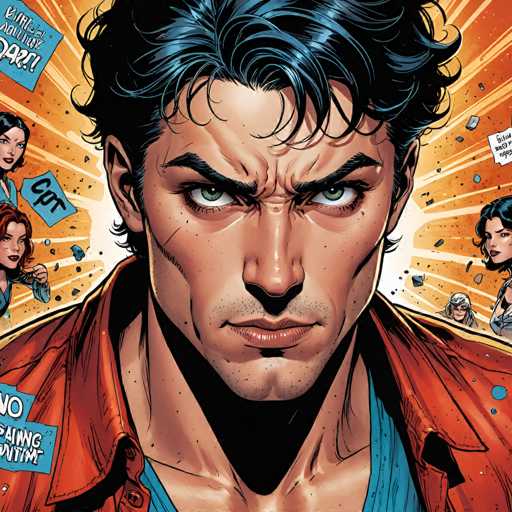 The image is a close-up portrait of a determined, blue-eyed man with a textured, intense gaze. He's wearing an orange jacket over a blue shirt and has a dynamic, action-oriented background with speech bubbles suggesting chaos. The art style is comic book-inspired, featuring bold lines and a focus on dramatic facial expression.