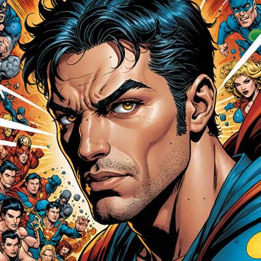 This close-up comic book panel features Superman, with a determined expression and intense gaze, dominating the frame. He's surrounded by a dynamic explosion of other superheroes, creating a sense of action and power. The art style is classic comic book, with bold lines, vibrant colors, and dynamic perspective emphasizing Superman's strength.