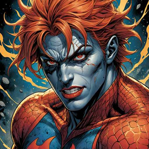 The image features a close-up of a character with a blue, scarred face and vibrant red hair, wearing a red and blue Spider-Man suit. The character's intense gaze is directed towards the viewer, with sharp, angular features and glowing red eyes. The art style is highly detailed and painterly, utilizing dynamic lines and a textured surface to create a powerful, dramatic portrait.