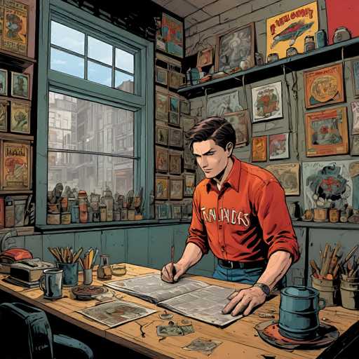 A young comic book artist diligently works at a cluttered desk, surrounded by sketches and reference materials. The workspace is filled with vintage comic book art, pencils, and supplies, bathed in the light from a window overlooking a city. The scene is rendered in a detailed, slightly nostalgic style reminiscent of classic comic book illustrations.