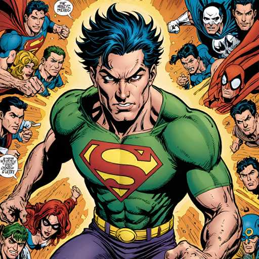 The image features a dynamic, close-up view of Superboy at the center, surrounded by various superheroes from the DC Universe. They are all depicted in a powerful, action-oriented pose, with dynamic energy radiating outwards. The art style is classic comic book, emphasizing bold lines and dramatic expressions.