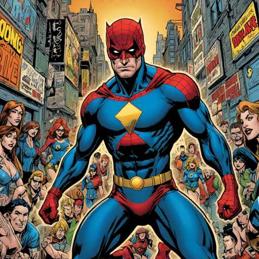 A vibrant, comic-book style illustration depicts a powerful superhero in a dynamic pose amidst a crowd of diverse onlookers. The main subject, a blue and red hero with a distinctive emblem, stands center, radiating strength. A bustling city street forms the backdrop, filled with cheering civilians and a sense of action. The art style is bold and detailed, emphasizing dynamic lines and vibrant colors typical of comic book art.