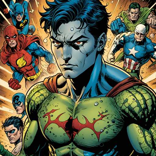 The image features a dynamic, close-up illustration of the Green Lantern, surrounded by several other DC superheroes in a burst of energy. The art style is comic book-inspired, with bold lines and vibrant colors emphasizing a sense of action and power. The Green Lantern is centrally positioned, with other heroes clustered around him in a dramatic, dynamic composition.
