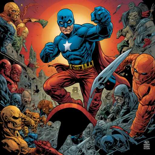 A determined Captain America stands amidst a chaotic battle, fists clenched and cape flowing. He's surrounded by a horde of monstrous, grotesque figures in various states of decay and aggression. The art style is dynamic and gritty, with a focus on dramatic action and intense close-quarters combat.
