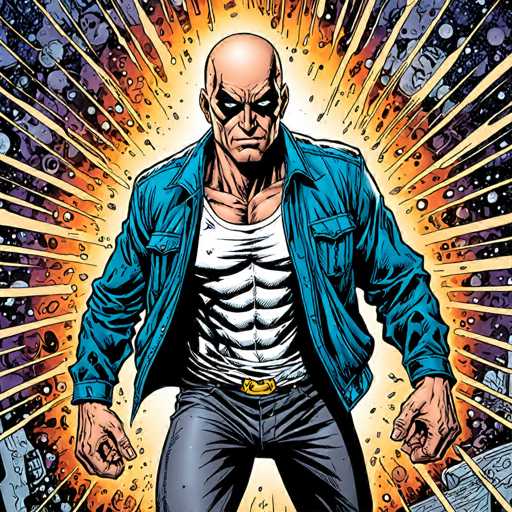 The image features a bald, muscular man in a blue denim jacket and white tank top, radiating an intense energy with glowing orange bursts. He's positioned centrally against a dynamic backdrop of shattered metal and streaks, suggesting a powerful, possibly explosive, force. The art style is comic book-inspired, with bold lines and dramatic lighting emphasizing the character's strength.