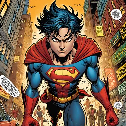 A determined young Superman stands in a bustling, gritty cityscape, ready for action. He's surrounded by civilians and villains, with a dynamic, comic-book style emphasizing dramatic lighting and bold lines. The focus is on Superman's powerful stance, conveying a sense of imminent conflict within the urban environment.