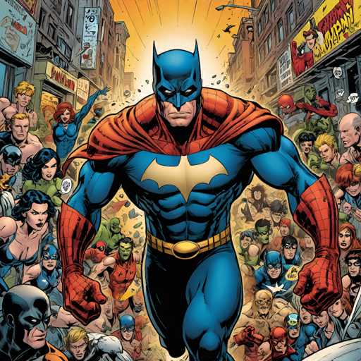 Batman stands at the center, surrounded by a diverse group of heroes and villains in a dynamic, close-quarters cityscape. The art style is vibrant and detailed, emphasizing action with a focus on character expressions and a sense of overwhelming scale.