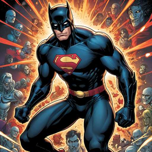 A powerful, dark-suited Batman dominates the center of a dynamic comic book panel. He's surrounded by a chaotic explosion of faces, many with expressions of shock or fear, suggesting a dramatic confrontation. The art style is highly detailed and action-oriented, with dynamic energy radiating from behind Batman, emphasizing a sense of intense conflict.