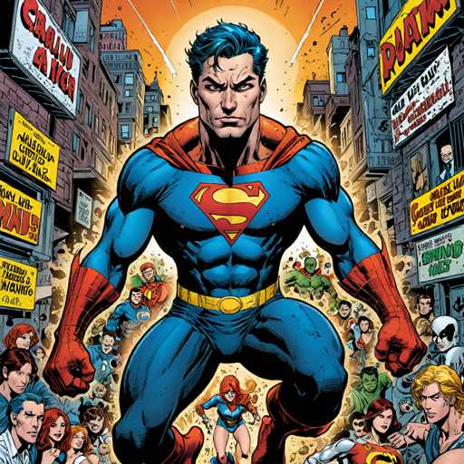 Superman stands powerfully at the center, surrounded by a crowd of diverse heroes and civilians in a bustling city street. The art style is dynamic and comic book-inspired, with bold lines, vibrant colors, and a focus on action. The spatial relationship places Superman as the focal point, with smaller figures emphasizing his heroic presence amidst a chaotic yet supportive crowd.