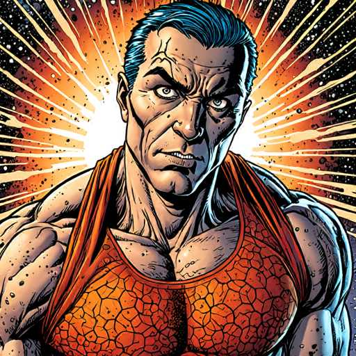 The image features a close-up of a muscular, blue-skinned man with a determined expression, wearing an orange, textured tank top. He's framed by a radiating burst of orange and white energy. The art style is comic book-inspired, with bold lines and a dynamic, intense composition emphasizing the character's powerful physique.