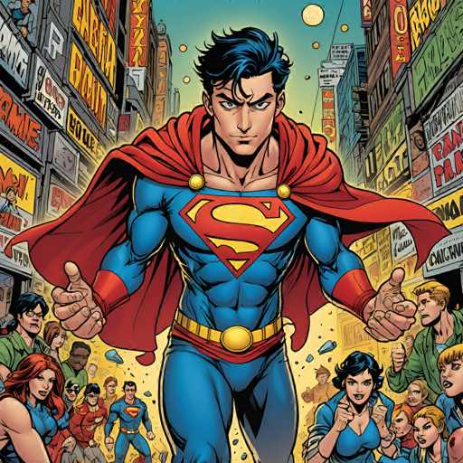 Superman stands center-stage, radiating power with a determined gaze and outstretched hands. A crowd of diverse people looks up in awe, some cheering. The vibrant comic book art style features dynamic action lines and bold colors against a bustling city backdrop, emphasizing Superman's heroic presence.