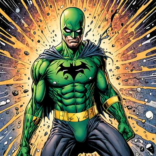 The image features a muscular, green-clad hero, likely a variant of Batman, in a dynamic pose with a determined expression. He's surrounded by radiating energy bursts and shattered debris, suggesting action or impact. The art style is comic book-inspired, with bold lines and a vibrant color palette emphasizing power and intensity.