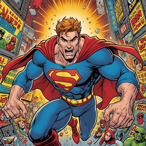 Superman bursts forward in a dynamic, action-packed comic book panel. He's surrounded by a chaotic explosion of speech bubbles and city debris, emphasizing his powerful momentum. The art style is bold and energetic, with strong lines and vibrant colors conveying a sense of urgency and superheroic force.
