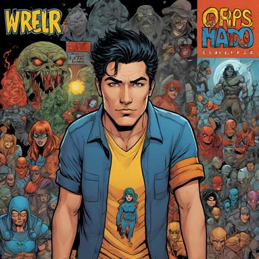 The image is a comic book cover featuring a central, determined-looking character with a blue shirt and yellow t-shirt, surrounded by a chaotic crowd of diverse, monstrous figures. The art style is vibrant and detailed, with a focus on dynamic action and a slightly gritty aesthetic. The background features a swirling, dark backdrop emphasizing the central character's prominence.