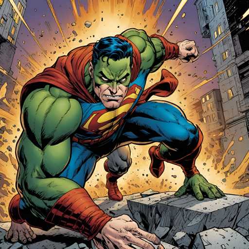 Superman, a muscular figure with vibrant green skin and a red and blue suit, is dynamically posed in a low crouch amidst rubble. He's surrounded by exploding debris and a burst of energy, suggesting intense action. The art style is comic book-inspired, with bold lines and a focus on dynamic motion.