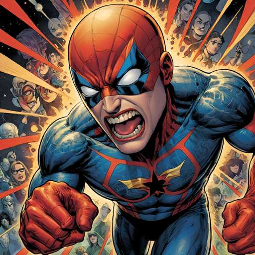 A determined, muscular hero in a vibrant blue and red suit with a star emblem is mid-punch, his face contorted in a fierce yell. A chaotic explosion of faces surrounds him, suggesting a powerful impact or a surge of energy. The art style is dynamic and comic book-inspired, with bold lines and dramatic perspective emphasizing action.