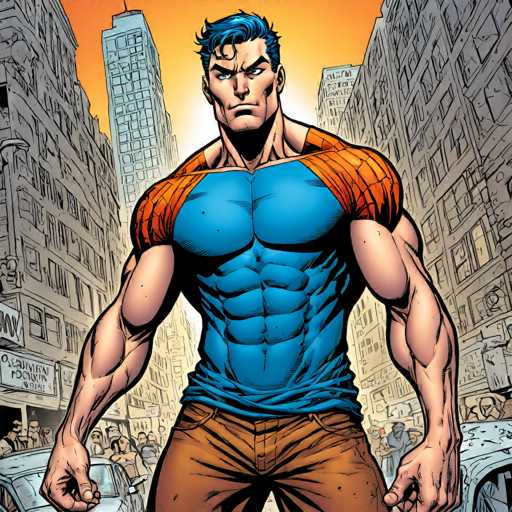 A muscular, blue-haired superhero stands confidently in a bustling city street, facing the viewer with intense eyes. He's clad in a vibrant blue and orange costume, emphasizing his powerful physique. The background features tall buildings and a crowd of people, rendered in a dynamic comic book art style with strong lines and bold colors.
