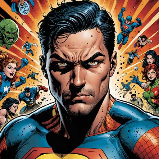 The image is a dynamic, close-up portrait of Superman, surrounded by various DC Comics heroes and villains in a burst of energy. The art style is comic book-inspired, with bold lines, vibrant colors, and a dramatic, intense composition. Superman is centrally positioned, his determined gaze directed forward, while other heroes are depicted in action poses around him.