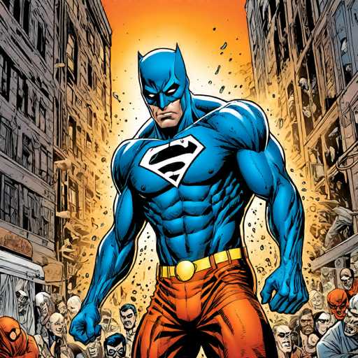 A muscular blue superhero, likely Blue-Sun, dominates the frame, radiating power amidst a chaotic cityscape. He stands centrally, facing forward with clenched fists, surrounded by a crowd of panicked civilians and crumbling buildings. The art style is dynamic and comic book-inspired, emphasizing action with bold lines and a dramatic lighting effect.