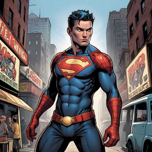 A muscular, blue-skinned figure in a Superman-inspired suit stands confidently in a bustling city street. The art style is comic book-inspired, with bold lines and dynamic shading. Buildings flank the scene, and a crowd of people are visible in the background, emphasizing the hero's presence.