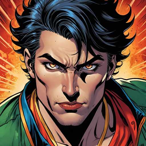 This close-up comic book portrait features a determined, intense character with spiky blue hair and glowing orange eyes. He's wearing a vibrant green jacket with colorful accents, his gaze directed forward with furrowed brows. The art style is bold and dynamic, utilizing strong lines and a fiery orange background to emphasize the character's powerful expression.