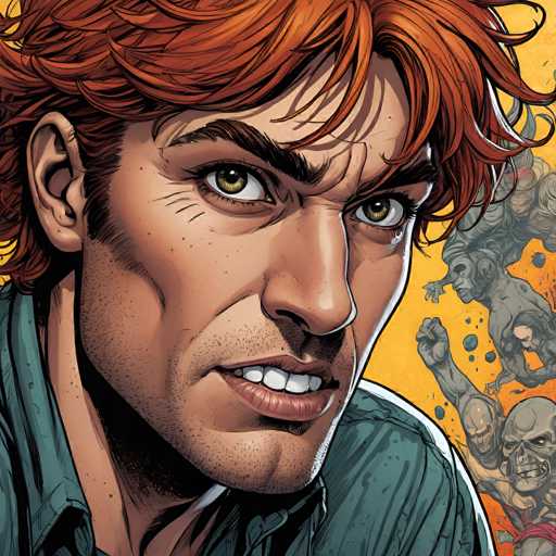 The image is a close-up portrait of a man with fiery red, curly hair and intense green eyes, rendered in a comic book style. He's wearing a dark green shirt and has a determined expression, with a partially visible background of zombie-like figures in orange tones. The focus is on the man's face, emphasizing his strong features and conveying a sense of urgency or intensity.