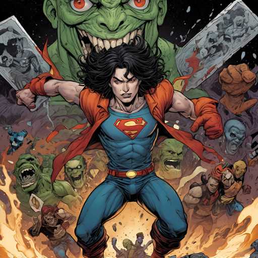 A determined, dark-haired hero in a blue and red suit with a red cape stands defiantly amidst a chaotic, fiery battle. Surrounded by monstrous villains and a colossal green creature with glowing eyes, the scene is rendered in a dynamic, comic book art style emphasizing action and intense conflict.