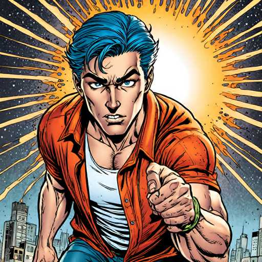 A determined, blue-haired man with intense blue eyes dominates the frame, fists clenched in a powerful stance. He's wearing an orange shirt over a white t-shirt, set against a backdrop of exploding energy radiating from behind him. The art style is dynamic and comic book-inspired, emphasizing action with bold lines and a dramatic perspective.